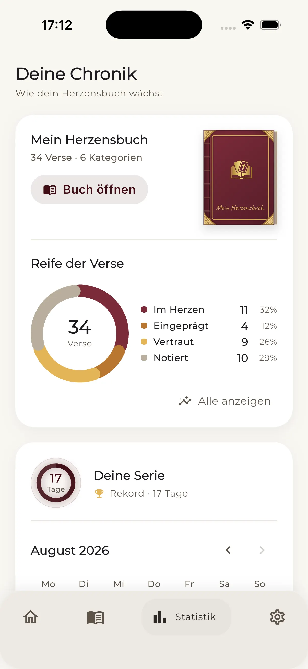 Chronik in Versly: Reife der Verse als Ringdiagramm, Lernserie und Kalender der treuen Lerntage.