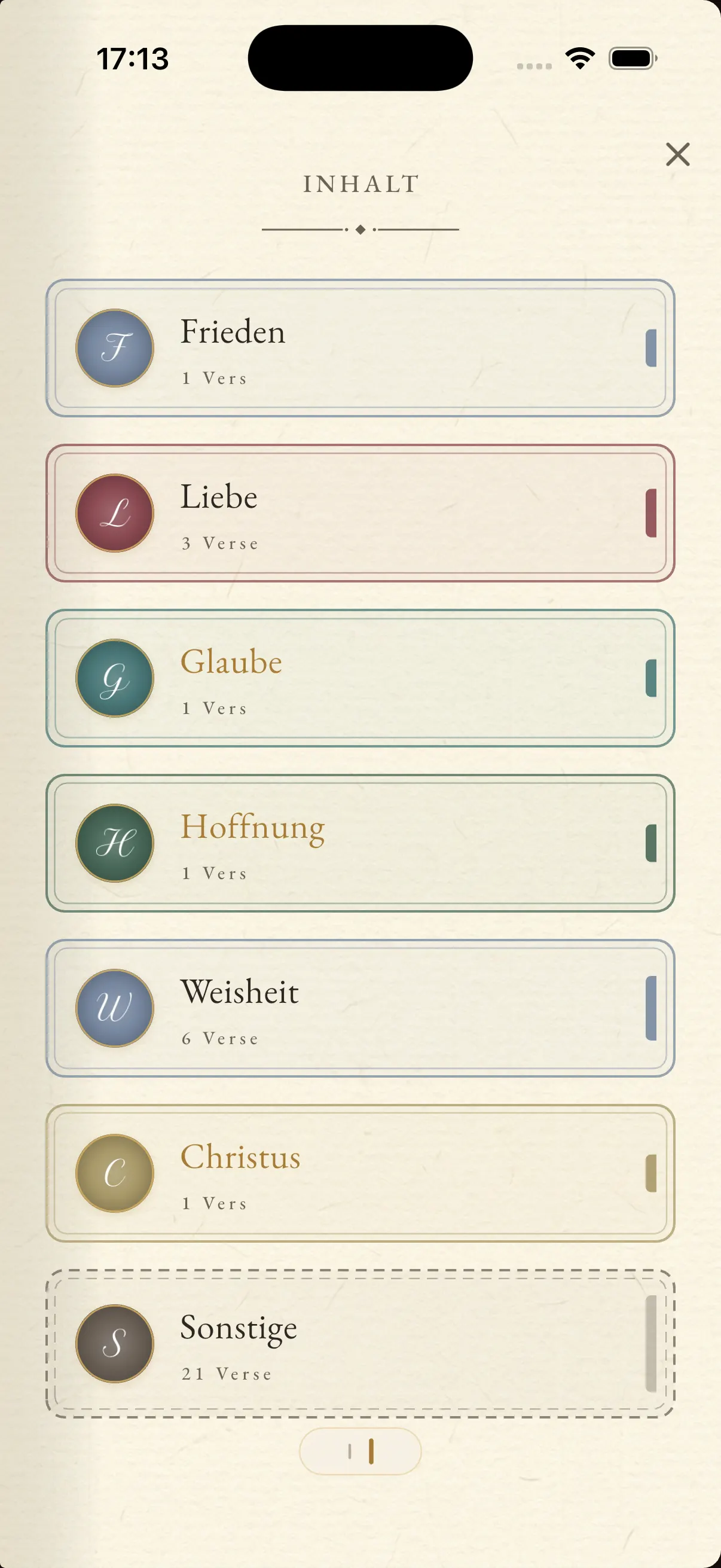 Inhaltsverzeichnis des Herzensbuchs mit Kapiteln für Frieden, Liebe, Glaube, Hoffnung, Weisheit und Christus.