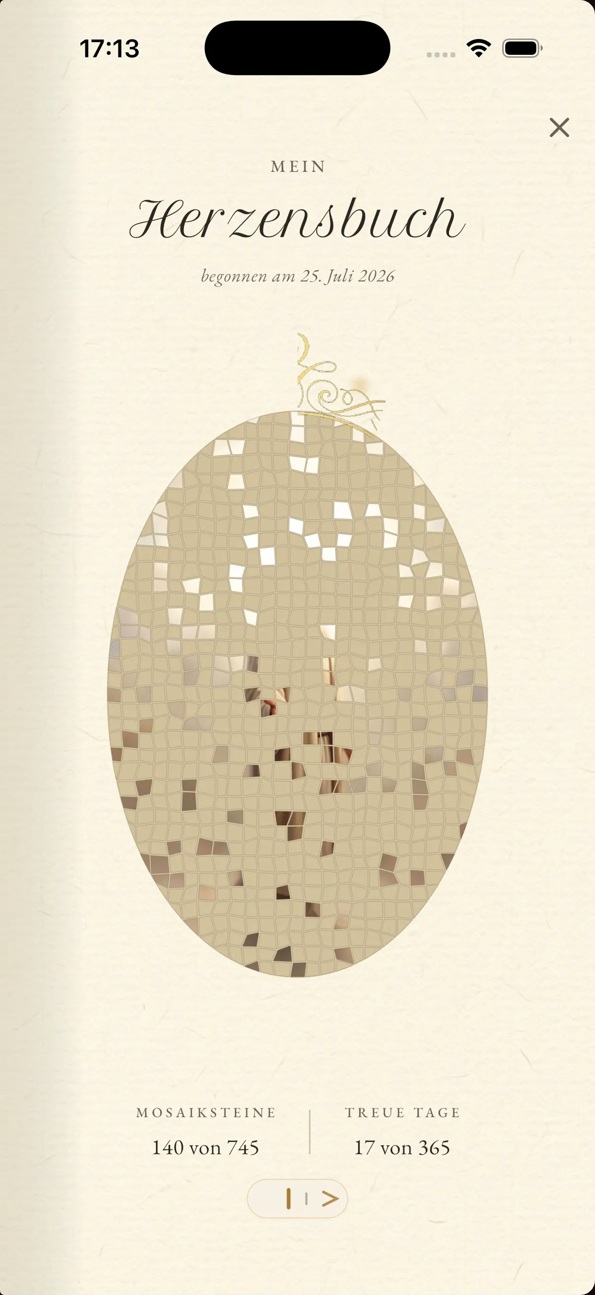 Mosaik im persönlichen Herzensbuch von Versly: mit jedem gelernten Vers kommen mehrere Steine hinzu, das Buch wächst und wird schöner, dazu treue Tage im goldenen Kranz.