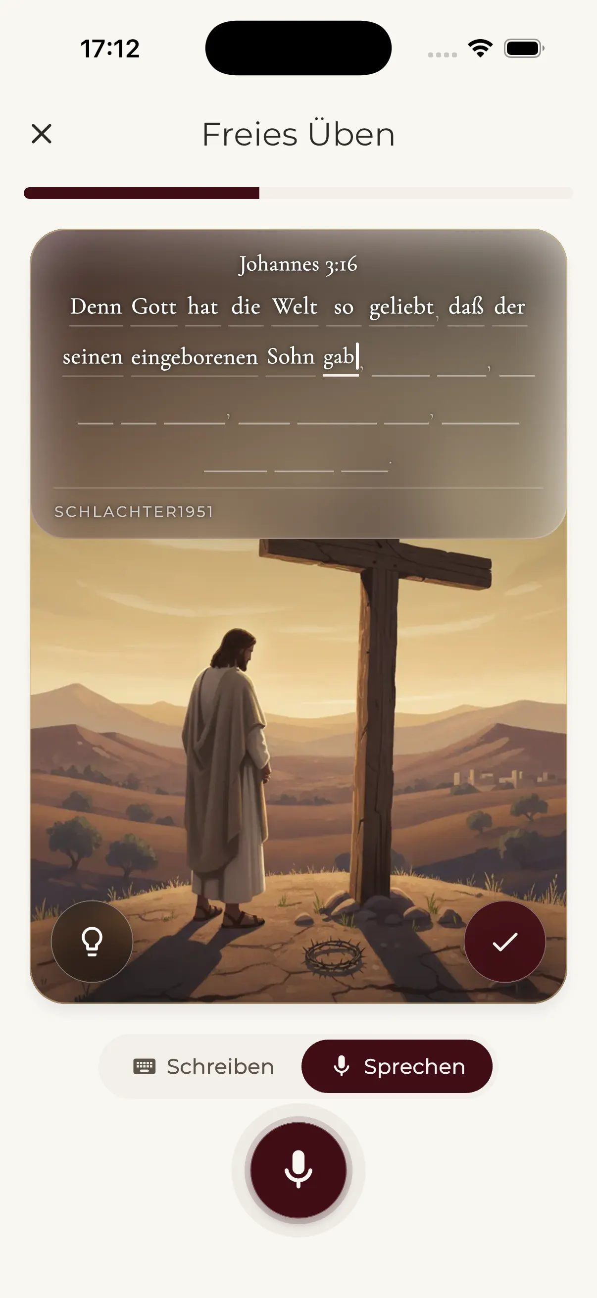 Tägliche Prüfung in Versly: der Bibelvers wird Wort für Wort abgefragt, per Tastatur geschrieben oder laut gesprochen.