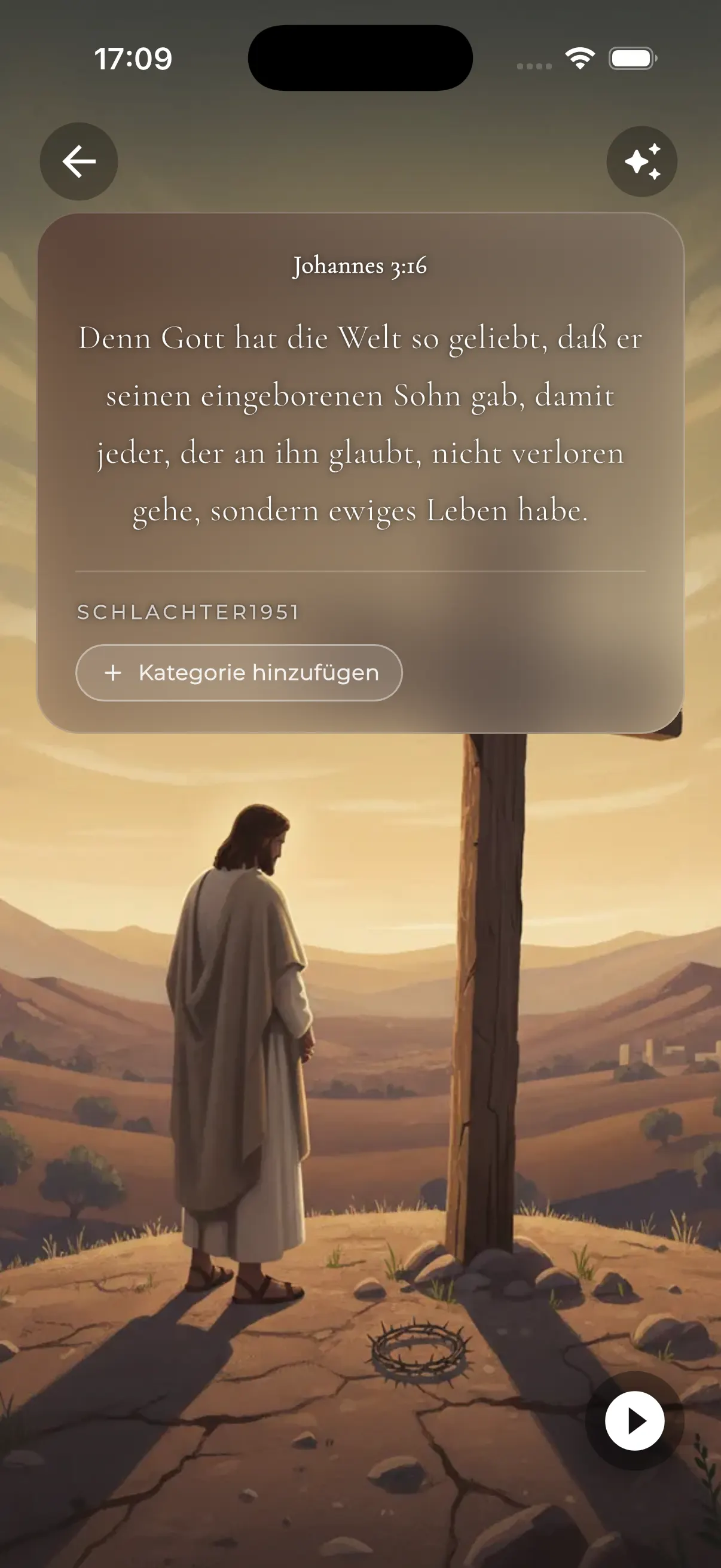 Johannes 3,16 in Versly mit einem KI-erzeugten Bild zum Vers und der Übersetzung Schlachter 1951.