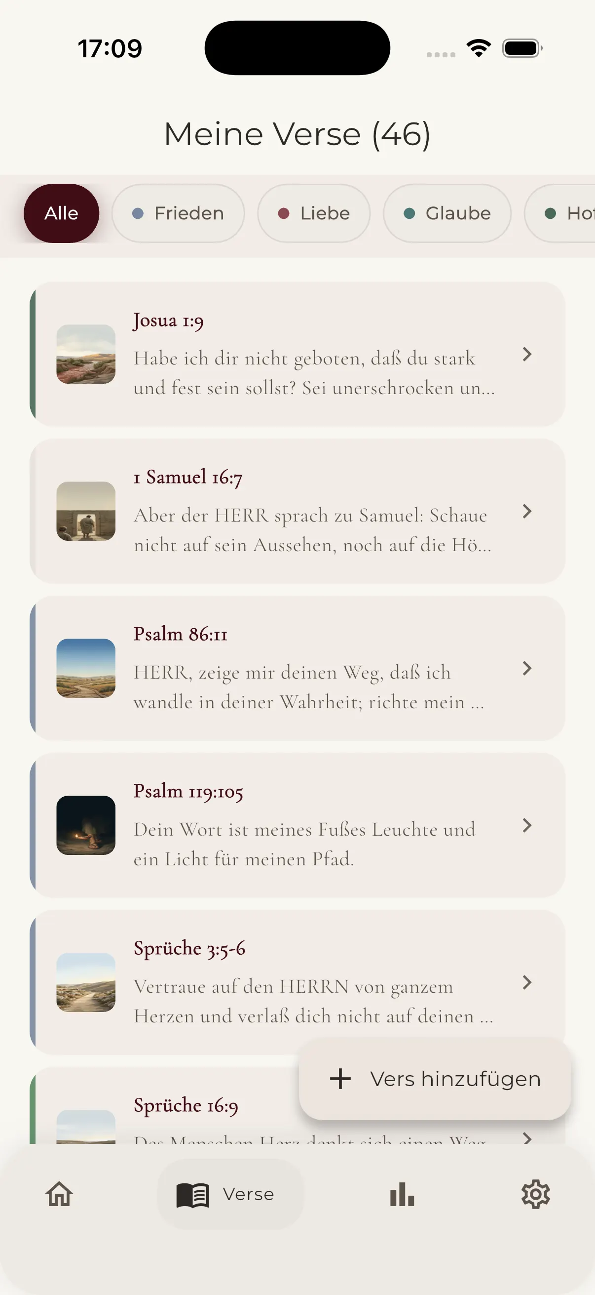 Liste aller gespeicherten Bibelverse in Versly, gefiltert nach Themen wie Frieden, Liebe und Glaube.